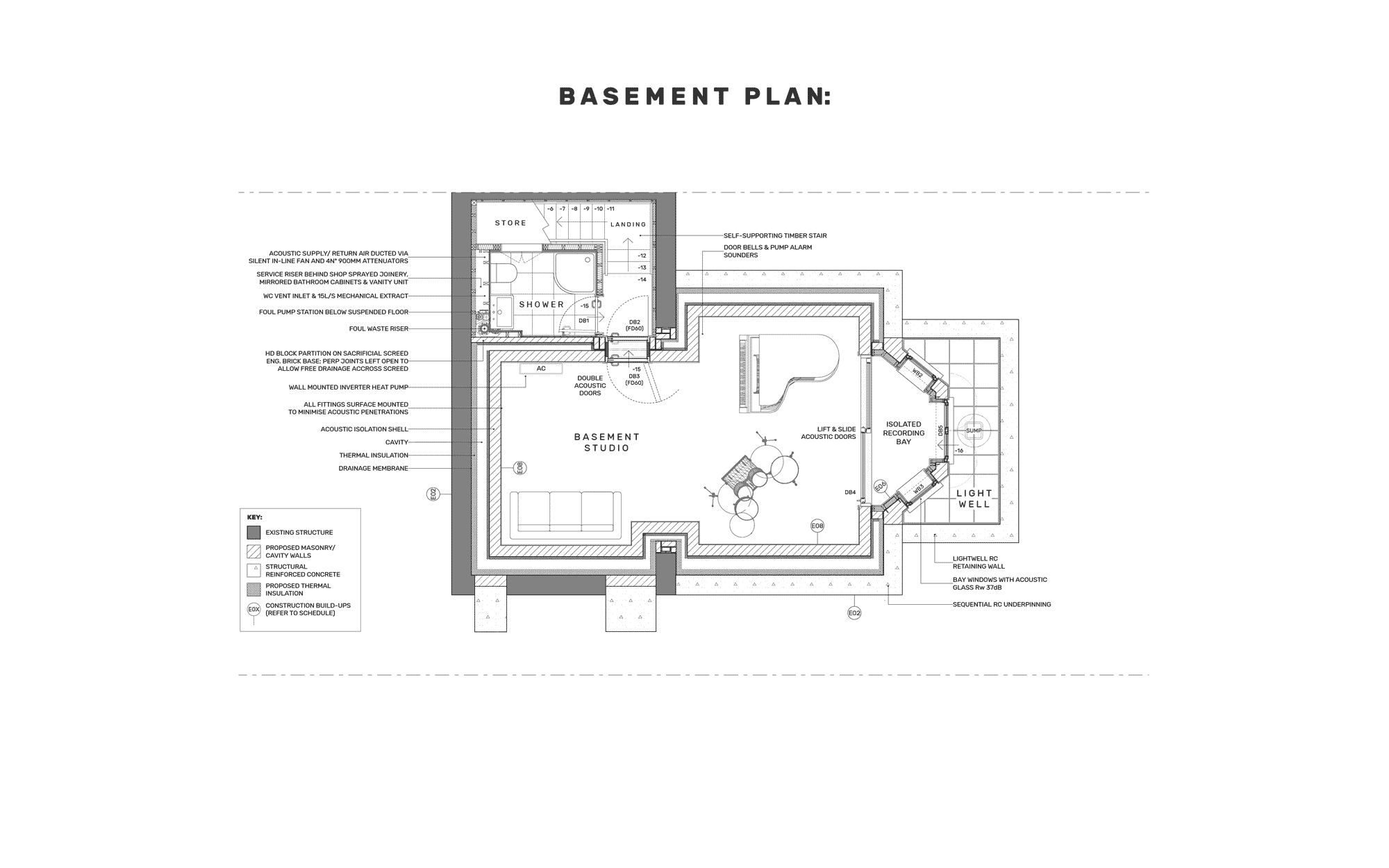 1 to 50 floor plan of basement recording studio and shower room under Victorian house