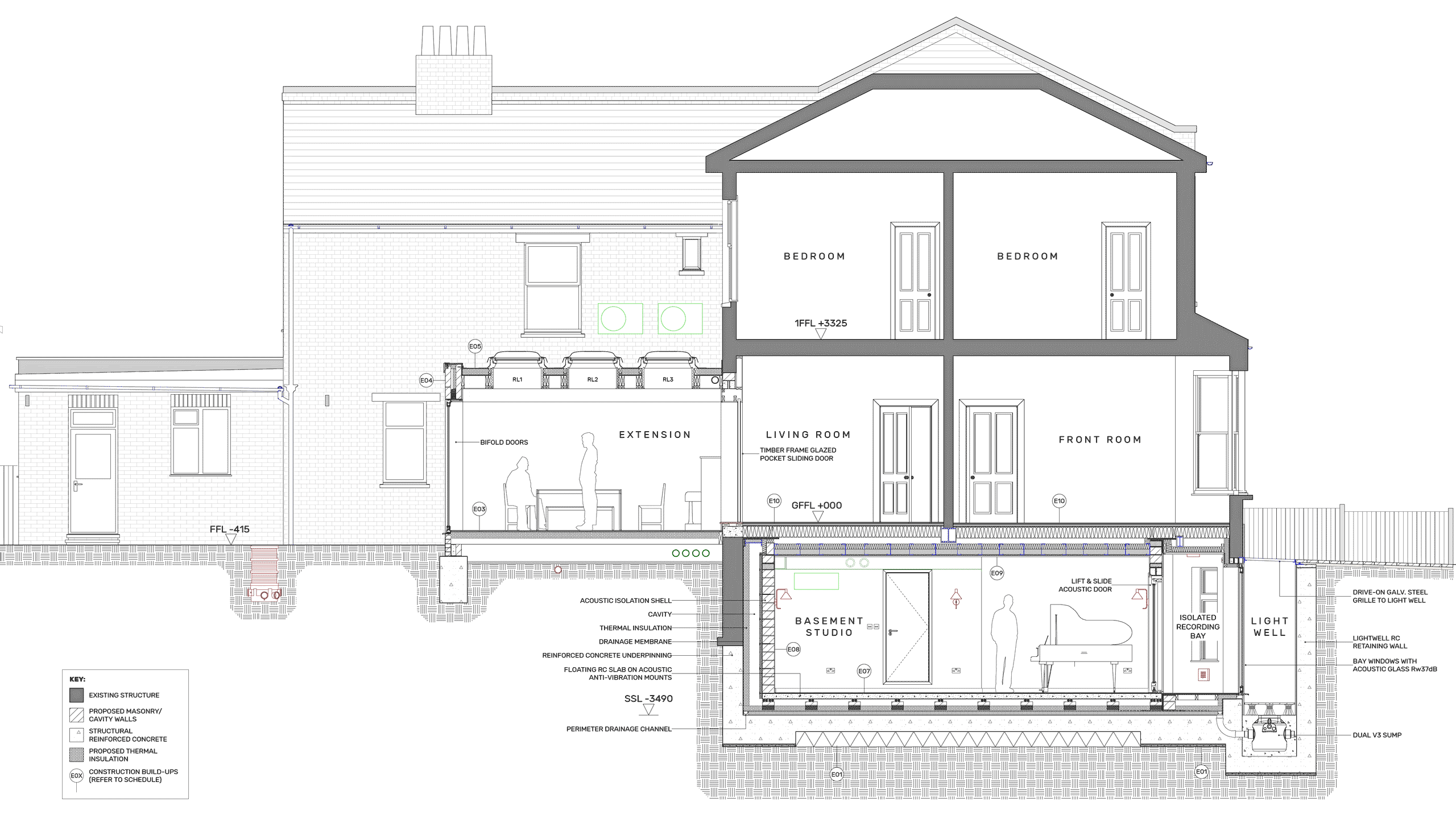 1 to 50 scale section drawing of basement studio and extension to a Victorian house